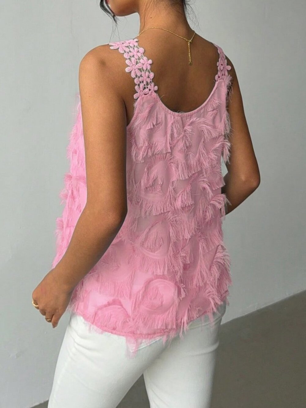 Pink Casual Women's Elegant Floral Lace Patchwork Textured Sleeveless Top - Picture 2 of 7